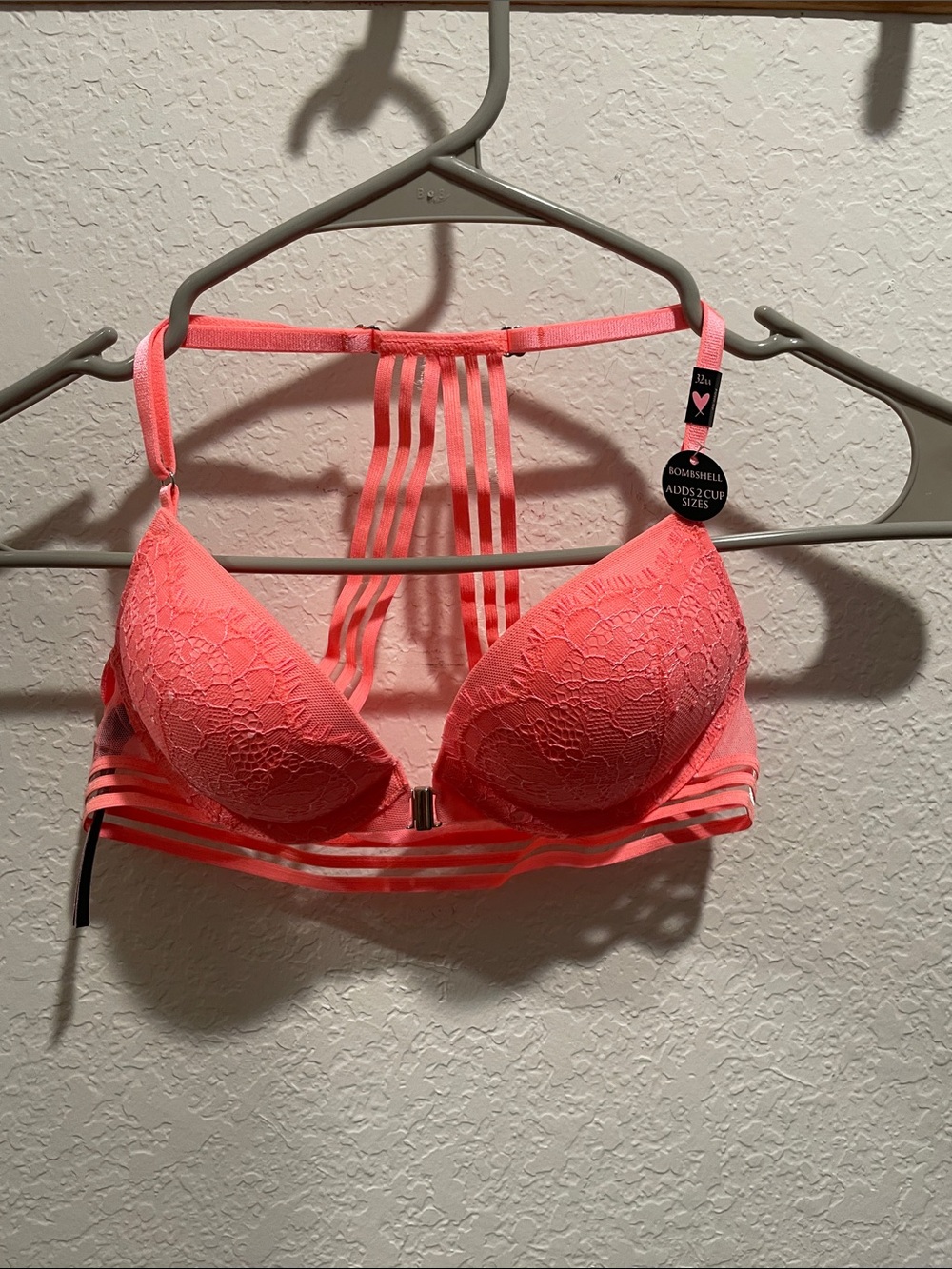 Victoria's Secret Neon Coral Lace Push-Up Bra with Strappy Back